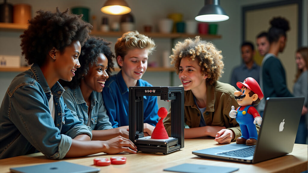 Un groupe de jeunes enthousiastes autour d'une imprimante 3D imprimant un modèle rouge, avec une figurine de personnage de jeu vidéo posée sur un ordinateur portable.