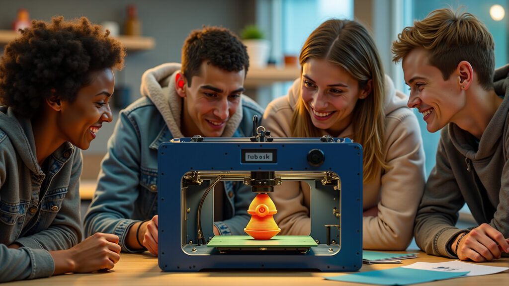 Quatre jeunes observent avec enthousiasme un objet en cours d'impression 3D.