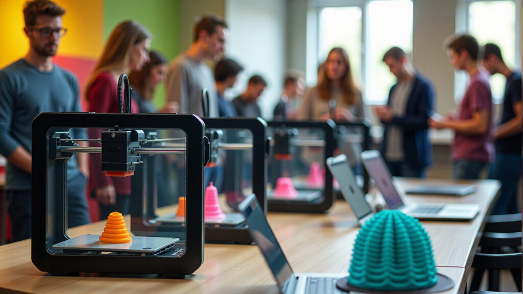 Un groupe de personnes dans un atelier observe des imprimantes 3D produisant des objets colorés.