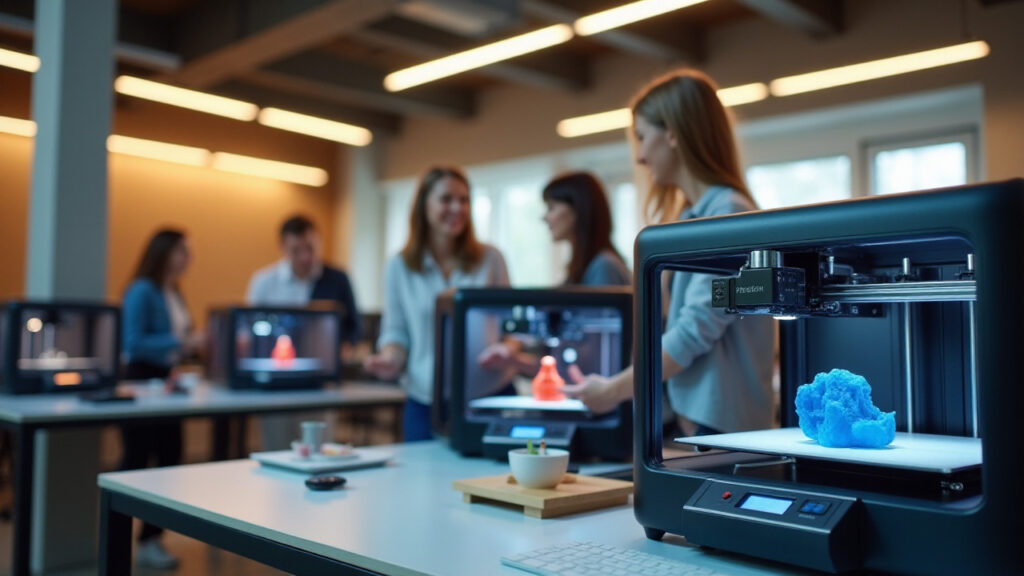 Un groupe de personnes discute dans un atelier équipé d'imprimantes 3D en fonctionnement.