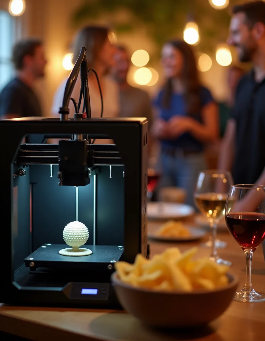 Imprimante 3D créant un objet texturé, entourée d'une ambiance conviviale avec des amis, du vin et des snacks.