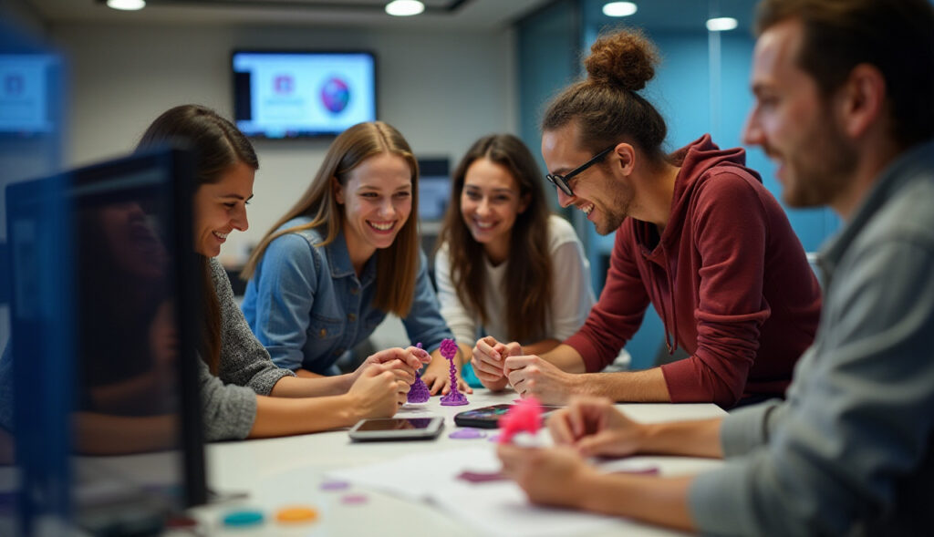 Un groupe de jeunes adultes souriants discute autour de figurines imprimées en 3D sur une table dans un espace de travail moderne.