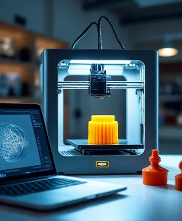 Une imprimante 3D crée un objet jaune sur une table à côté d'un ordinateur portable en laboratoire.