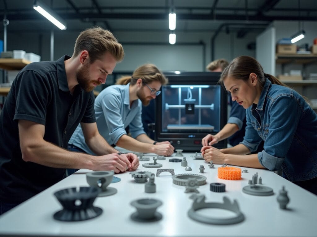 Collaboration en atelier d'impression 3D Des ingénieurs collaborent autour de prototypes fabriqués avec une imprimante 3D dans un atelier moderne.