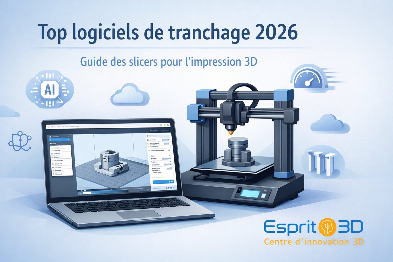 Logiciels de tranchage pour impression 3D en 2026 affichés sur un ordinateur portable à côté d'une imprimante 3D, avec des icônes représentant l'IA, le cloud et l'innovation.